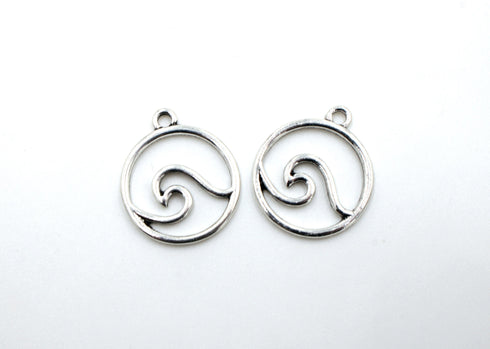 wave charm, ocean charm, silver charms, antique silver, mixed metal, 24mm x 21mm, hole 1.5mm, sold as 2 pieces.